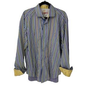 Robert Graham men’s shirt size XL purple blue yellow flip cuff Aztec polka dot